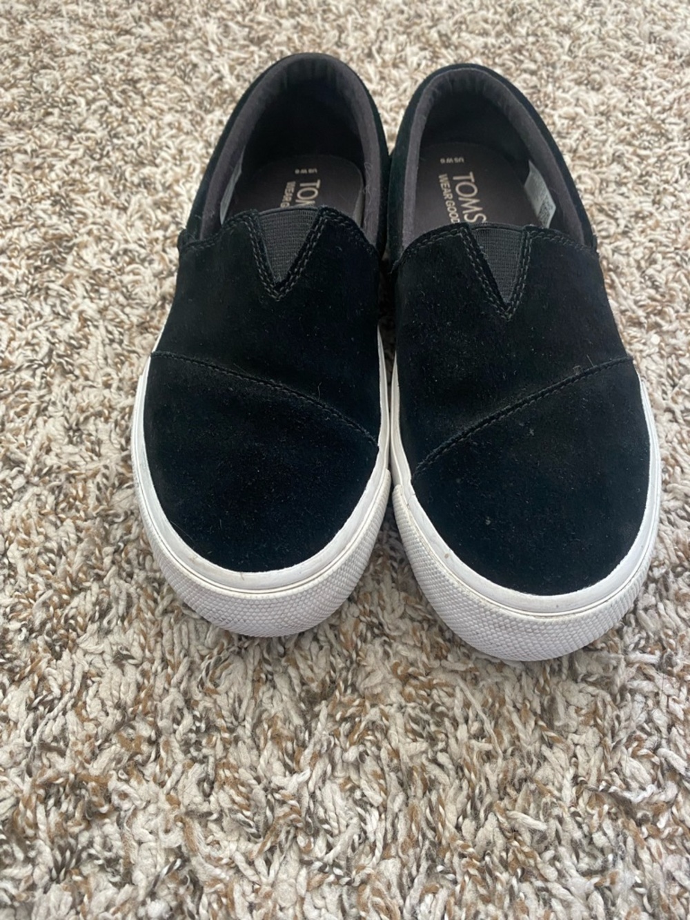 TOMS Black Suede Slip-On Shoes with White Sole